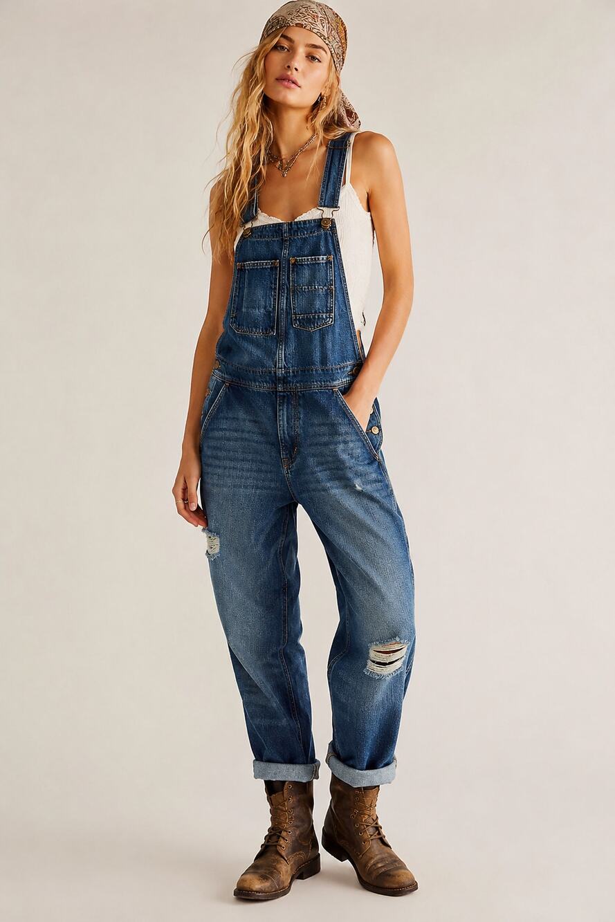 Distressed Denim Boyfriend Carpenter Overalls Utility Jumpsuit Medium Wash US 8